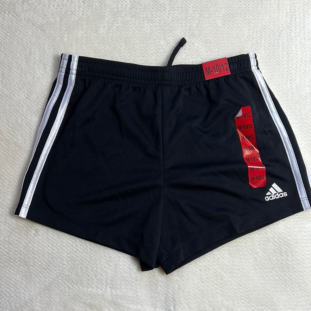 Adidas Three Stripe Girls Athletic Shorts Sport Tie Waist Black White NWT